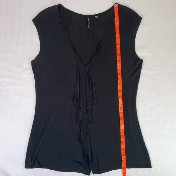 Isda Jersey Knit Top Tunic Black Short Cap Sleeves Ruffle Deep V Neck Size L - Picture 4 of 7